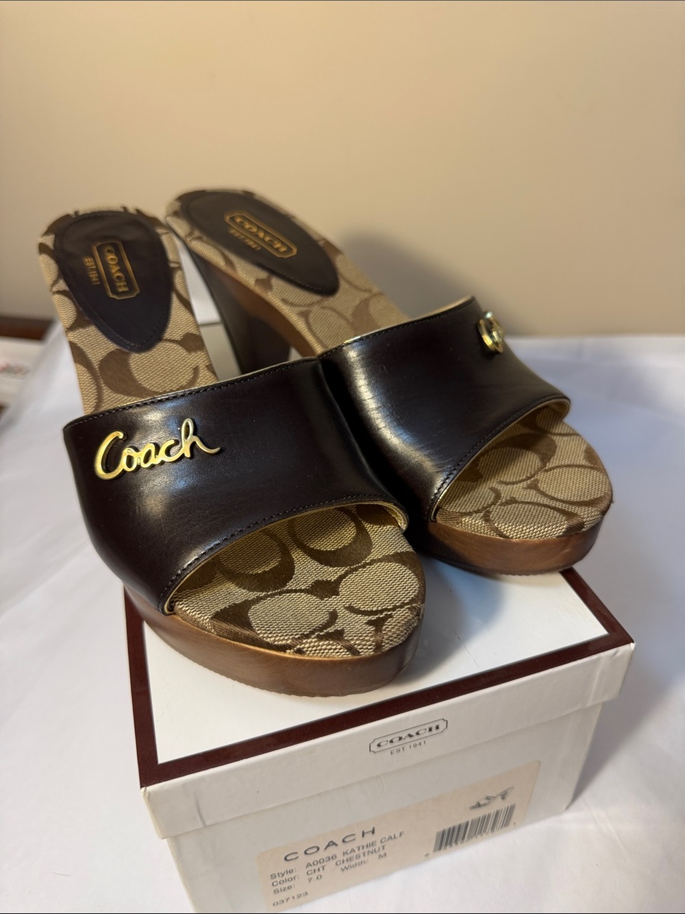 Coach Brown Leather Platform Slide Mules with Signature Canvas Insole -408